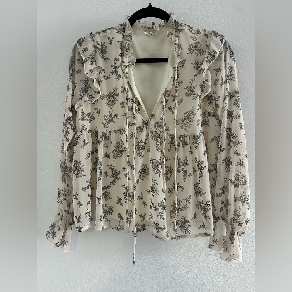 Peach Love California Cream Floral Ruffle Tie-Front Blouse